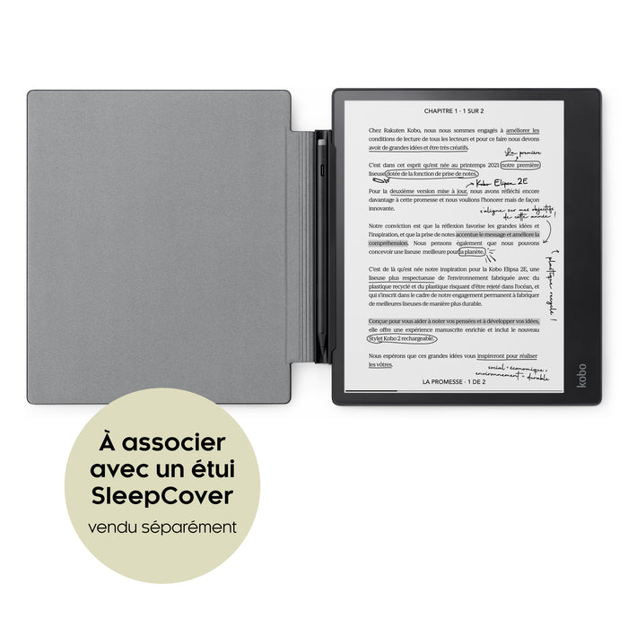 Kobo Elipsa 2E noir et Kobo Stylus 2 noir dans une Sleepcover pour Kobo Elipsa 2E, vendus séparément.