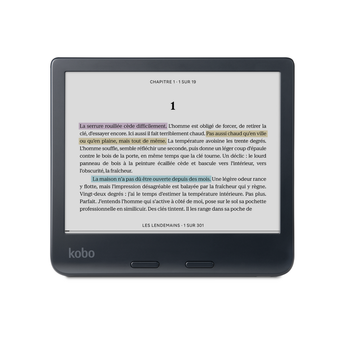 Vue de face du Kobo Libra Colour noir en mode paysage.