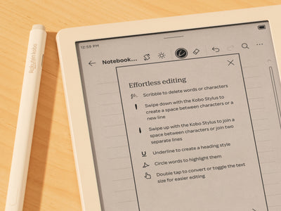 Un menu intitulé "Édition sans effort" est affiché sur l'écran de la Kobo Libra Colour, avec des instructions sur l'utilisation des gestes pour supprimer des mots, créer des espaces entre les caractères ou les joindre, créer des styles de titre, faire des surlignages, et augmenter ou diminuer la taille du texte.
