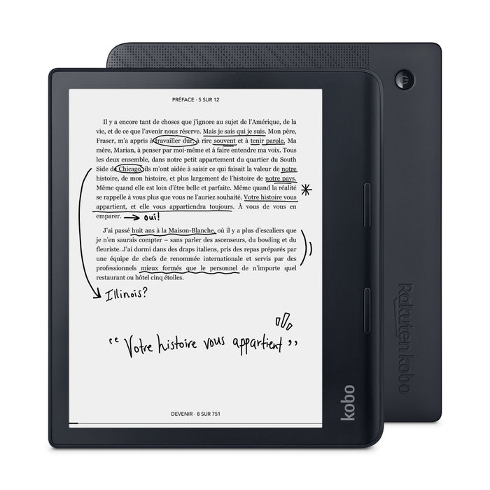 Vue de face et vue arrière du Kobo Sage noir.