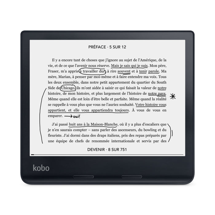 Vue de face du Kobo Sage noir en mode paysage.