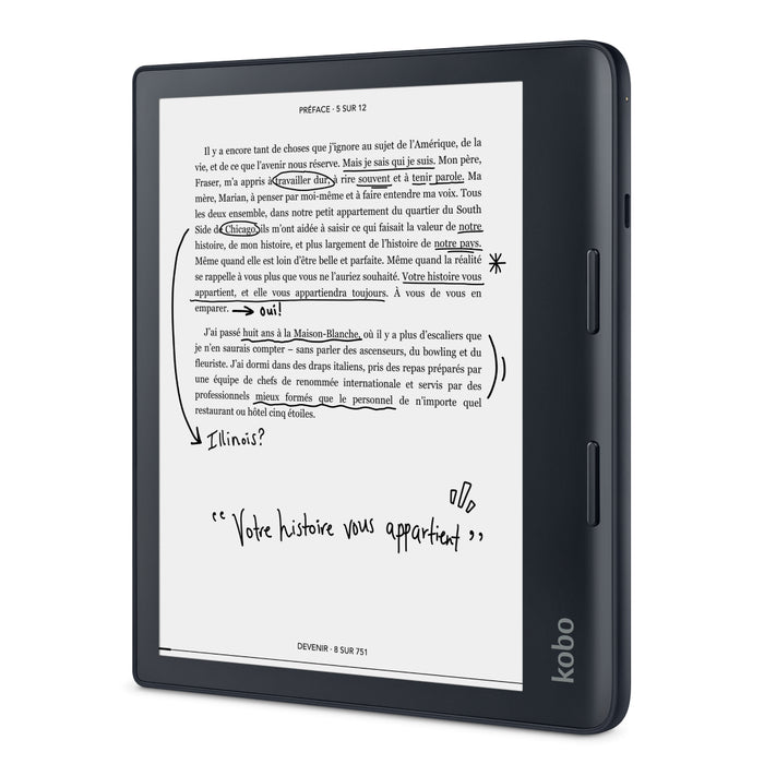 Vue de face inclinée du Kobo Sage noir.