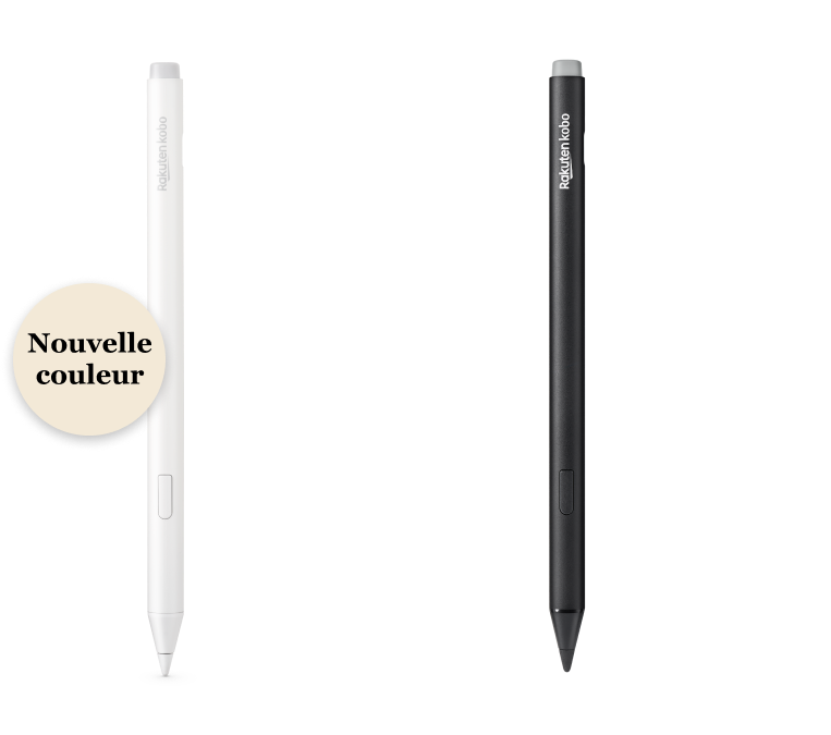 Une image des versions noire et nouvelle blanche du Kobo Stylet 2, montrant la gomme intégrée, le bouton surligneur et la pointe de stylo lisse.