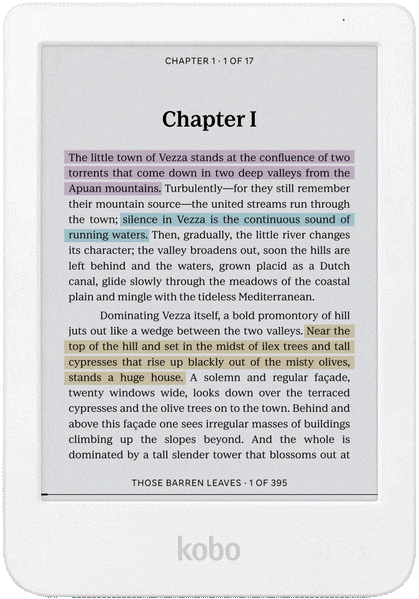 Une démonstration animée de l’éclairage ComfortLight PRO sur la Kobo Clara Colour et présentant également le mode Sombre.