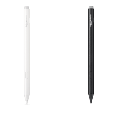 Une image des versions noire et nouvelle blanche du Kobo Stylet 2, montrant la gomme intégrée, le bouton surligneur et la pointe de stylo lisse.