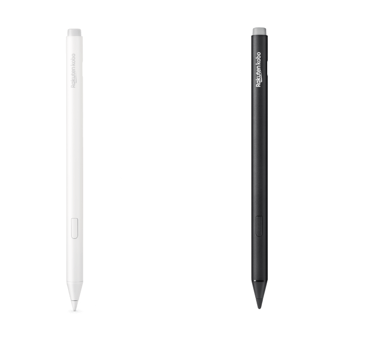 Une image des versions noire et nouvelle blanche du Kobo Stylet 2, montrant la gomme intégrée, le bouton surligneur et la pointe de stylo lisse.